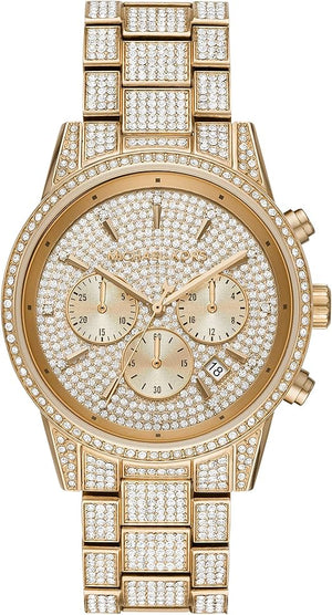 Michael Kors Ritz Three-Hand Glitz Crystals Gold Dial Gold Steel Strap Watch for Women - MK6747 Buy Now By Michael Kors