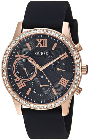 Guess Solar 40mm Black & Rose Gold Dial Black Rubber Strap Watch For Women - W1135L4 Buy Now By Guess