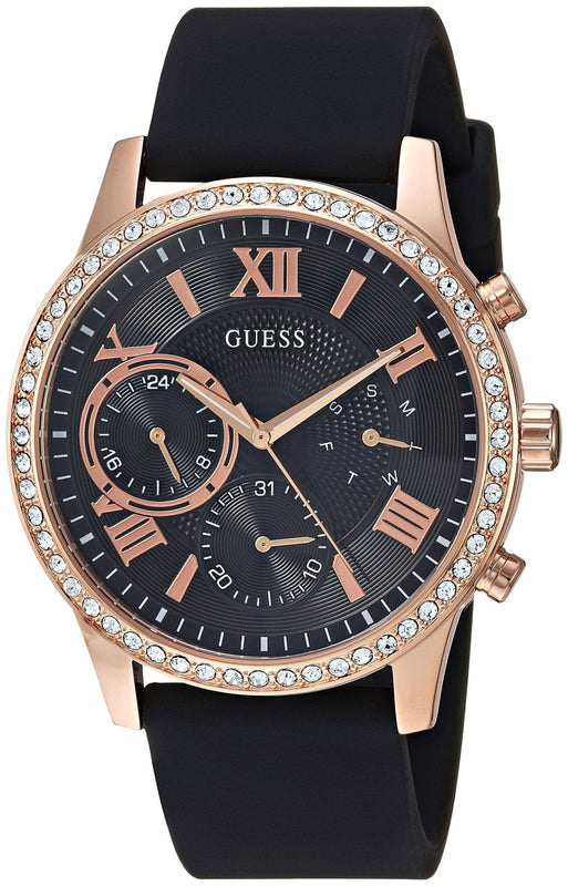 Guess Solar 40mm Black & Rose Gold Dial Black Rubber Strap Watch For Women - W1135L4 Buy Now By Guess