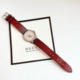 Gucci G Timeless Quartz Diamonds Pink Dial Red Leather Strap Watch For Women - YA1265017 Buy Now By Gucci
