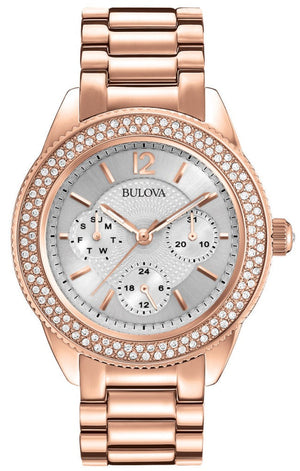 Bulova Crystal Silver Dial Rose Gold Steel Strap Watch for Women - 97N101 Buy Now By Bulova