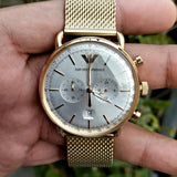 Emporio Armani Aviator Chronograph Quartz Beige Dial Gold Mesh Bracelet Watch For Men - AR11315 Buy Now By Emporio Armani