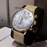 Emporio Armani Aviator Chronograph Quartz Beige Dial Gold Mesh Bracelet Watch For Men - AR11315 Buy Now By Emporio Armani