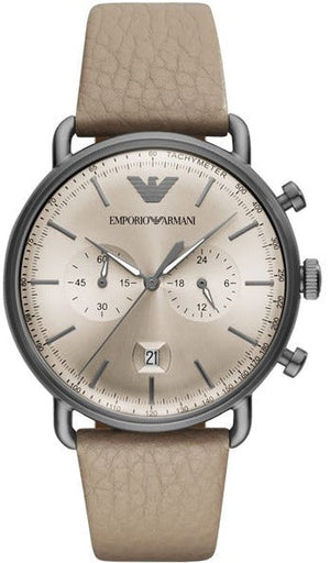 Emporio Armani Aviator Chronograph Quartz Grey Dial Beige Leather Strap Watch For Men - AR11107 Buy Now By Emporio Armani