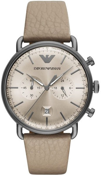 Emporio Armani Aviator Chronograph Quartz Grey Dial Beige Leather Strap Watch For Men - AR11107 Buy Now By Emporio Armani
