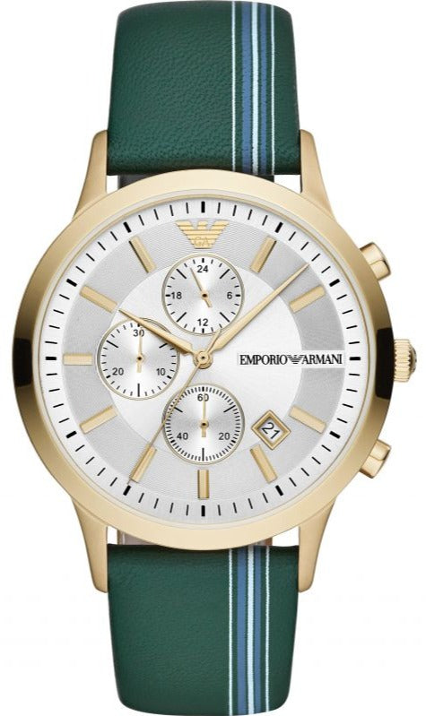 Emporio Armani Renato Chronograph Silver Dial Green Leather Strap Watch For Men - AR11233 Buy Now By Emporio Armani