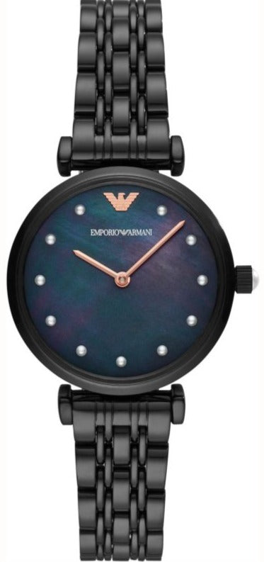 Emporio Armani Gianni T-Bar Quartz Black Mother of Pearl Dial Black Steel Strap Watch For Women - AR11268 Buy Now By Emporio Armani