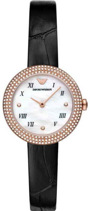 Emporio Armani Rosa Quartz Mother Of Pearl White Dial Black Leather Strap Watch For Women - AR11356 Buy Now By Emporio Armani
