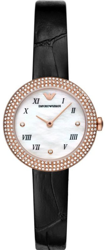 Emporio Armani Rosa Quartz Mother Of Pearl White Dial Black Leather Strap Watch For Women - AR11356 Buy Now By Emporio Armani