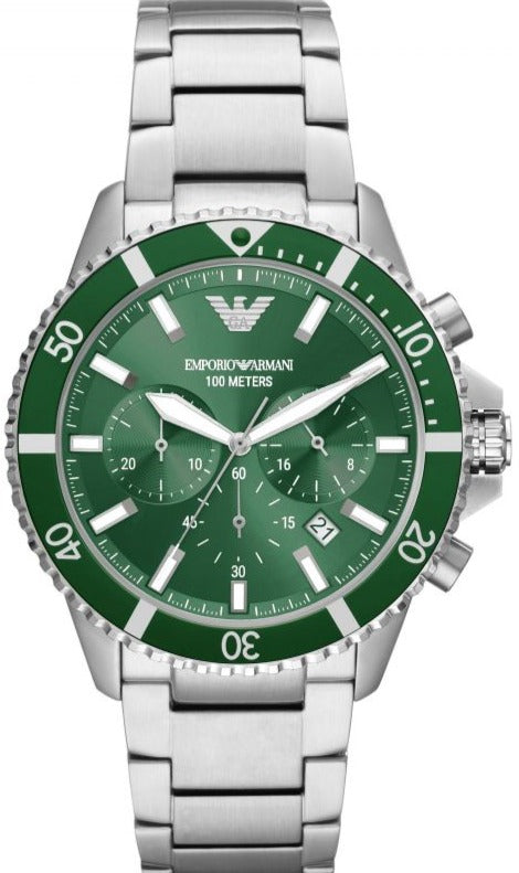 Emporio Armani Diver Chronograph Green Dial Silver Steel Strap Watch For Men - AR11500 Buy Now By Emporio Armani