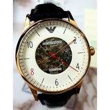 Emporio Armani Meccanico White Skeleton Dial Black Leather Strap Watch For Men - AR1924 Buy Now By Emporio Armani