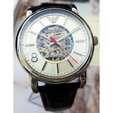 Emporio Armani Meccanico Silver Skeleton Dial Black Leather Watch For Men - AR1997 Buy Now By Emporio Armani