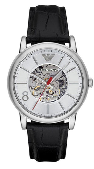Emporio Armani Meccanico Silver Skeleton Dial Black Leather Watch For Men - AR1997 Buy Now By Emporio Armani
