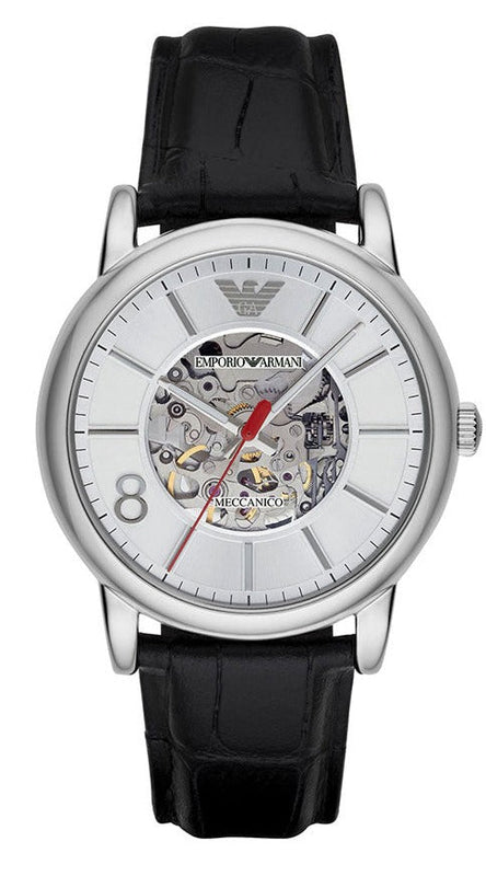 Emporio Armani Meccanico Silver Skeleton Dial Black Leather Watch For Men - AR1997 Buy Now By Emporio Armani