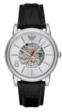 Emporio Armani Meccanico Silver Skeleton Dial Black Leather Watch For Men - AR1997 Buy Now By Emporio Armani