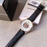 Emporio Armani Meccanico Silver Skeleton Dial Black Leather Strap Watch For Men - AR2072 Buy Now By Emporio Armani