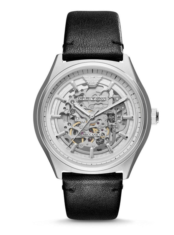 Emporio Armani Meccanico White Skeleton Dial Black Leather Strap Watch For Men - AR60003 Buy Now By Emporio Armani