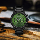 Emporio Armani Mario Chronograph Green Dial Black Steel Strap Watch For Men - AR11472 Buy Now By Emporio Armani