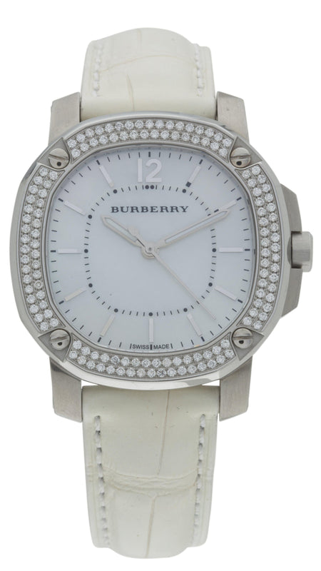 Burberry The Britain Diamonds Mother of Pearl Dial White Leather Strap Watch for Women - BBY1800 Buy Now By Burberry