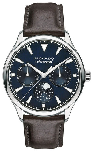 Movado Heritage Moonphase Blue Dial Brown Leather Strap Watch For Women - 3650009 Buy Now By Movado