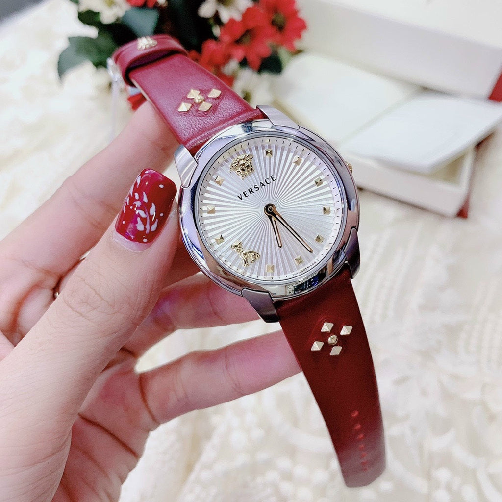 Versace Audrey Quartz Silver Dial Red Leather Strap Watch for Women - VELR00219 Buy Now By Versace