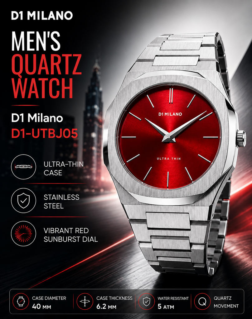 D1 Milano Ultra Thin Red Dial Silver Steel Strap Watch for Men - D1-UTBJ05 Authentic Buy Shop Now