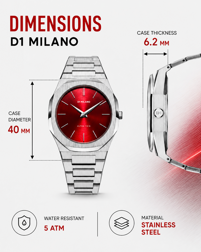 D1 Milano Ultra Thin Red Dial Silver Steel Strap Watch for Men - D1-UTBJ05 Authentic Buy Shop Now