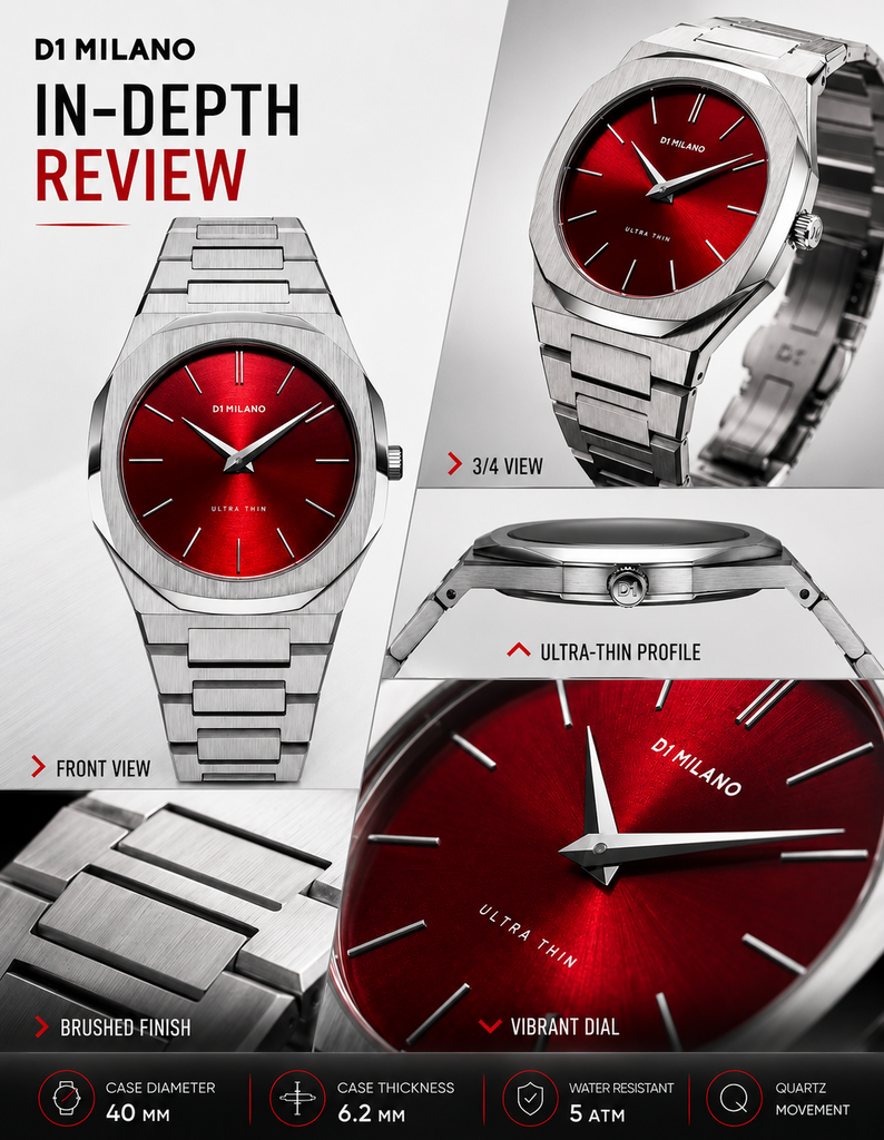 D1 Milano Ultra Thin Red Dial Silver Steel Strap Watch for Men - D1-UTBJ05 Authentic Buy Shop Now