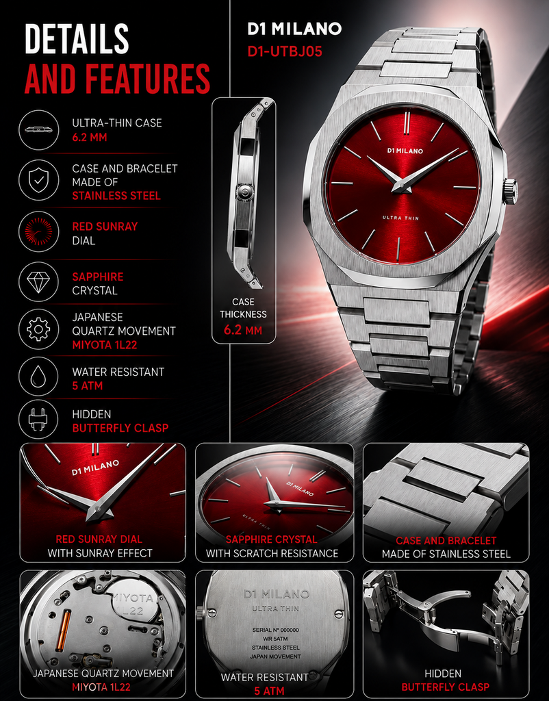 D1 Milano Ultra Thin Red Dial Silver Steel Strap Watch for Men - D1-UTBJ05 Authentic Buy Shop Now
