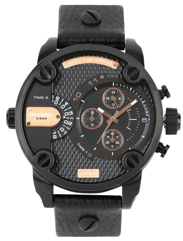 Diesel Little Daddy Chronograph Black Dial Black Leather Strap Watch For Men - DZ7291 Buy Now By Diesel