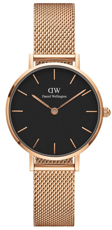 Daniel Wellington Classic Petite Melrose Black Dial Rose Gold Mesh Bracelet Watch For Women - DW00100217 Buy Now By Daniel Wellington