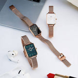 Daniel Wellington Quadro Melrose Green Dial Rose Gold Mesh Strap Watch For Women - DW00100437