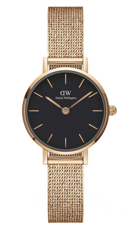 Daniel Wellington Petite Pressed Melrose Black Dial Rose Gold Mesh Strap Watch For Women - DW00100440 Buy Now By Daniel Wellington