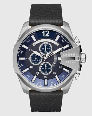 Diesel Mega Chief Chronograph Blue Dial Black Leather Strap Watch For Men - DZ4423 Buy Now By Diesel
