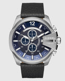 Diesel Mega Chief Chronograph Blue Dial Black Leather Strap Watch For Men - DZ4423 Buy Now By Diesel