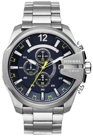 Diesel Mega Chief Chronograph Blue Dial Silver Steel Strap Watch For Men - DZ4465 Buy Now By Diesel