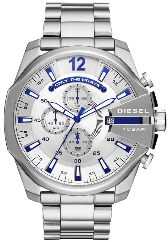 Diesel Mega Chief Chronograph White Dial Silver Steel Strap Watch For Men - DZ4477 Buy Now By Diesel