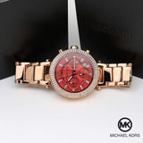 Michael Kors Parker Chronograph Red Dial Rose Gold Steel Strap Watch For Women - MK6106 Buy Now By Michael Kors