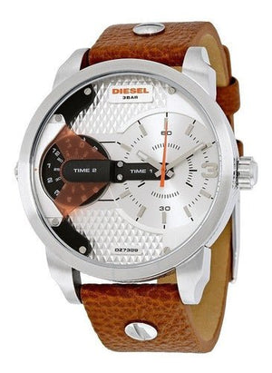 Diesel Mini Daddy Silver Dial Brown Leather Strap Watch For Men - DZ7309 Buy Now By Diesel