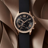 Guess Solar 40mm Black & Rose Gold Dial Black Rubber Strap Watch For Women - W1135L4 Buy Now By Guess