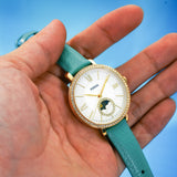 Fossil Jacqueline Analog Moonphase Mother of Pearl White Dial Green Leather Strap Watch for Women - ES5168 Buy Now By Fossil