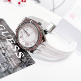 Guess Sparkling Silver Dial White Rubber Strap Watch For Women - GW0032L1 Buy Now By Guess