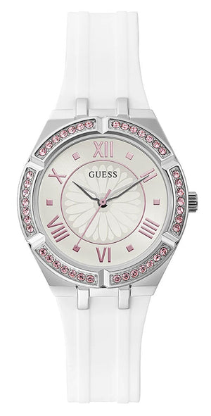 Guess Sparkling Silver Dial White Rubber Strap Watch For Women - GW0032L1 Buy Now By Guess