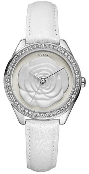 Guess Rosette Analog White Dial White Leather Strap Watch For Women - W75043L1 Buy Now By Guess