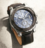 Guess Pinnacle Chronograph Quartz Blue Dial Brown Leather Strap Watch For Men - W0673G1 Buy Now By Guess