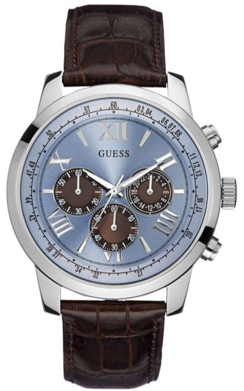 Guess Horizon Chronograph Analog Blue Dial Brown Leather Strap Watch For Men - W0380G6 Buy Now By Guess
