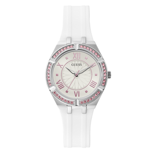 Guess Sparkling Silver Dial White Rubber Strap Watch For Women - GW0032L1 Buy Now By Guess
