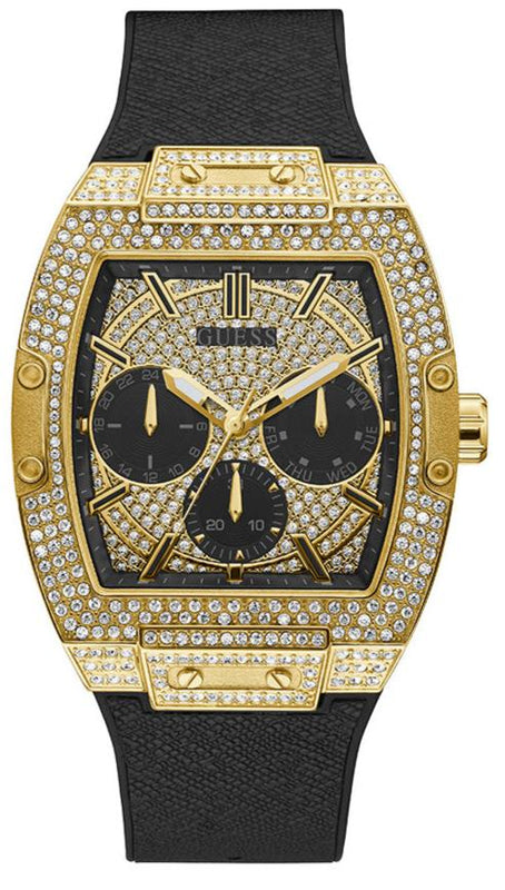Guess Phoenix Multifunction Crystals Gold Dial Black Silicone Strap Watch For Men - GW0048G2 Buy Now By Guess