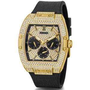 Guess Phoenix Multifunction Crystals Gold Dial Black Silicone Strap Watch For Men - GW0048G2 Buy Now By Guess