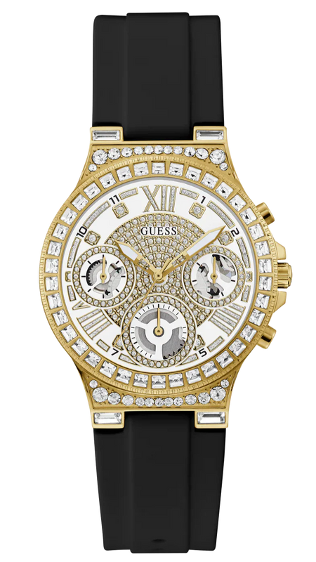 Guess Moonlight Crystals Silver Dial Black Silicone Strap Watch For Women - GW0257L1 Buy Now By Guess